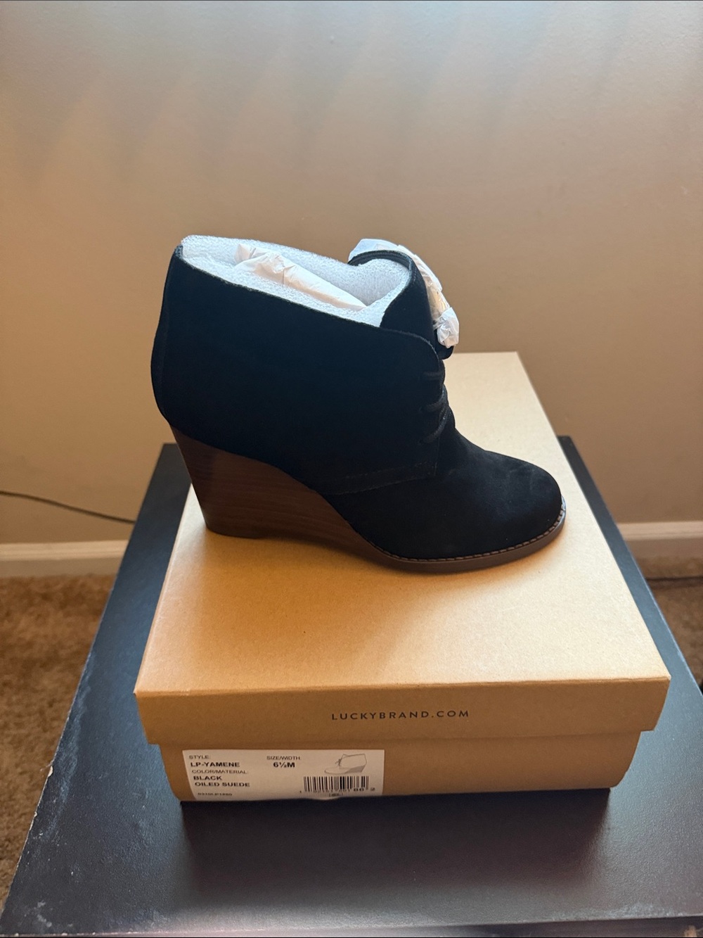 Lucky Brand Black Suede Wedge Ankle Bootie